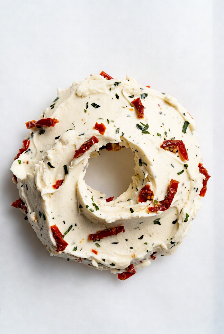 Sun-Dried Tomato and Basil Cream Cheese Ring with red tomato pieces visible